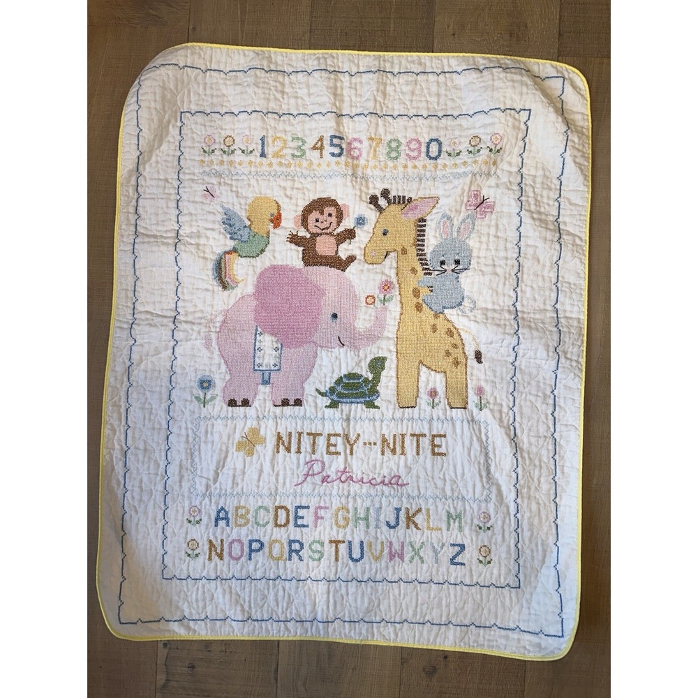 Vintage Baby Quilt Wall Hanging Cross Stitch Embroidery Nursery Decor 42 X 33